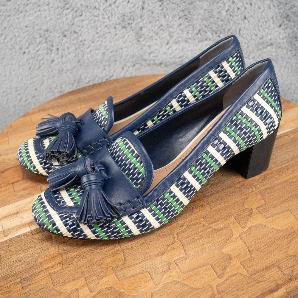 Tory Burch Stamford Tassel Pumps Block Heel Women Sz 6 M Blue/Green Summer